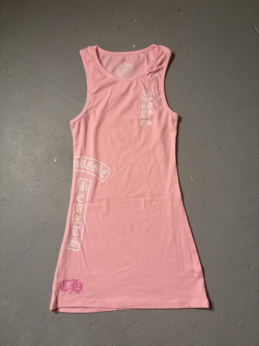 Chrome Hearts Pink Ribbed Tank Dress with White Graphics